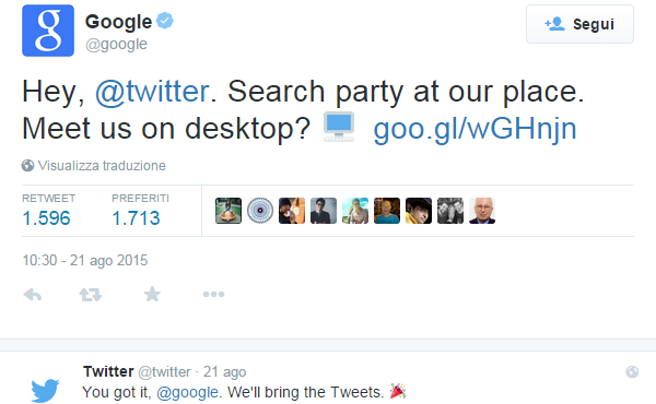 Il tweet con cui Google annuncia l'integrazione di Twitter