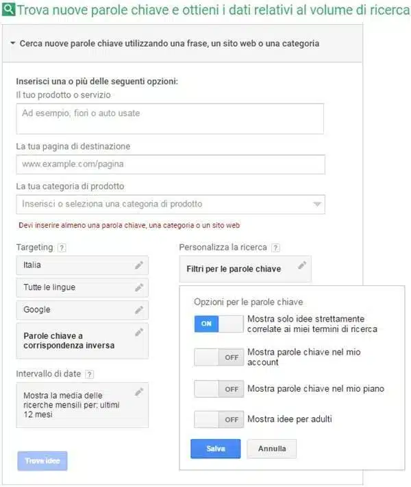Keyword Research con il Planner di Google AdWords