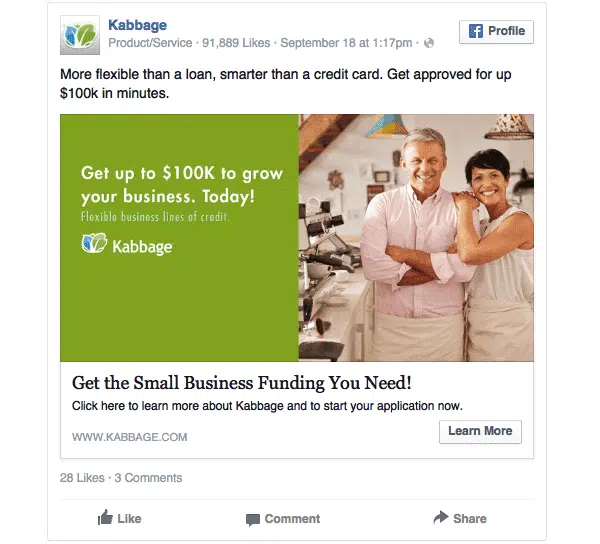 Banner Facebook con la CTA LEARN MORE