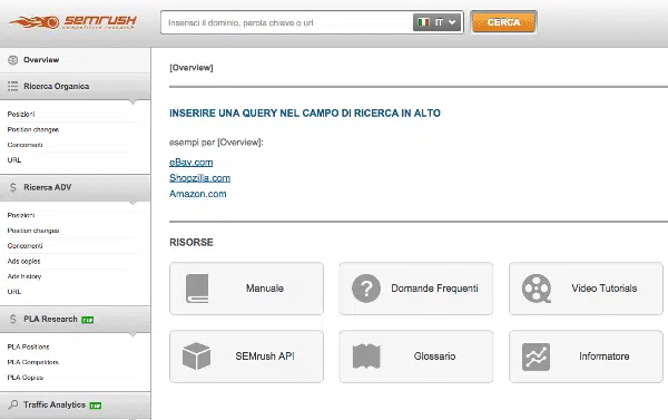 semrush impostazione account