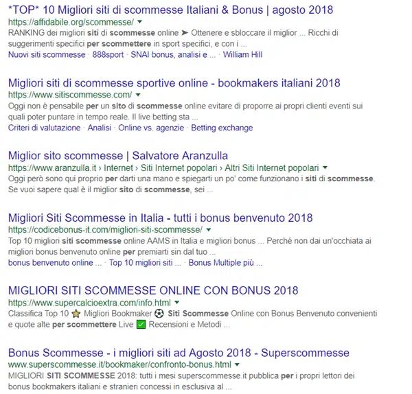 Query siti di scommesse, risultati in prima pagina