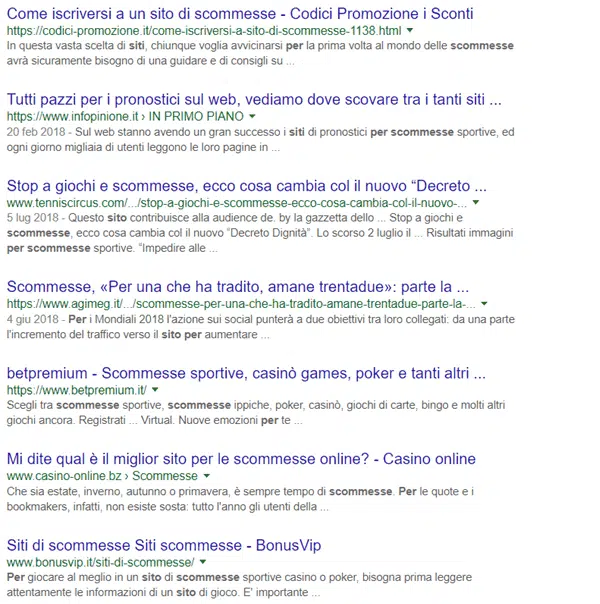 Query siti di scommesse, risultati in decima pagina