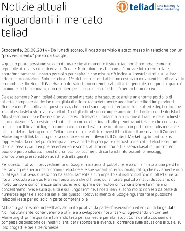 Il comunicato stampa di Teliad