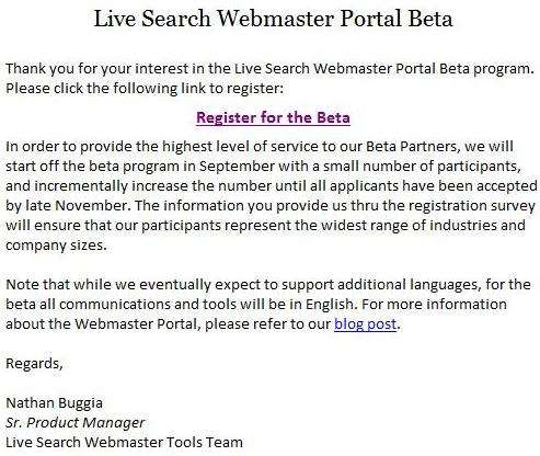 Email di accettazione alla Beta del Live Search Webmaster Portal