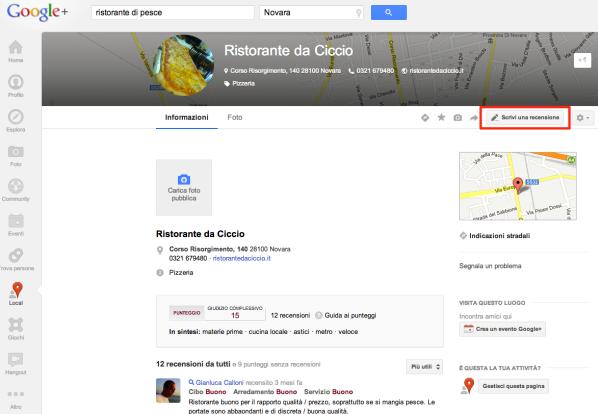 Dettaglio di una scheda Local su Google+