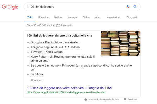 L'angolo dei Libri, in posizione zero su Google