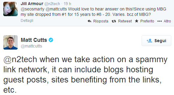 Il tweet di Matt Cutts che spiega le 2 facce della penalizzazione