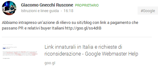 Il post di Giacomo Gnecchi Ruscone su Google+ circa i link innaturali in Italia