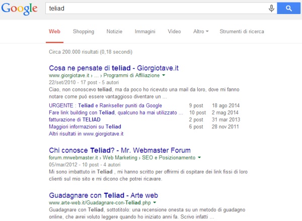 Il sito di Teliad scomparso da Google