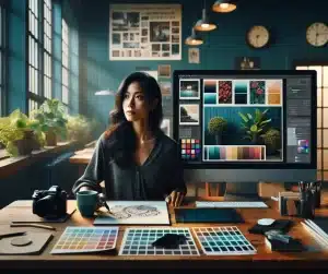 Max Valle - Business AI Strategist 12 Visual storyteller professionale al lavoro su storyboard, moodboard e strumenti visivi in studio creativo moderno